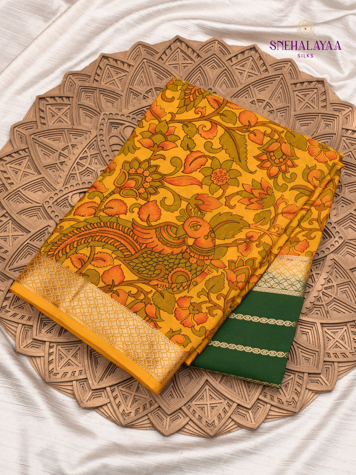 Rust Orange Printed Mysore Silk Saree